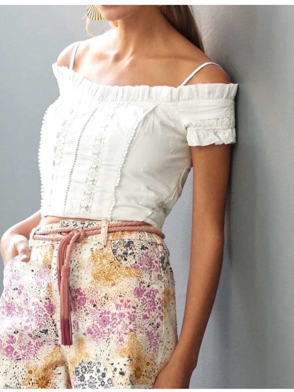 Anthropolgie Boho Off-Shoulder White Crop Top with Lace Detail